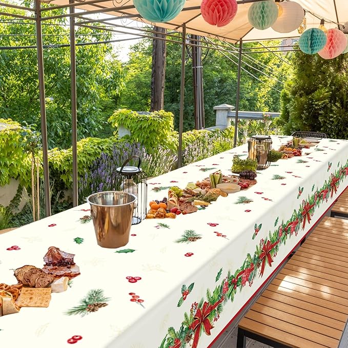OBUSATT 3pcs Christmas Party Tablecloth Holly and Pine Cone Merry Christmas Holiday Table Cloth 108 x 54 Inch Rectangle Waterproof Xmas Holiday Table Cover Decorations for Christmas Party Supplies