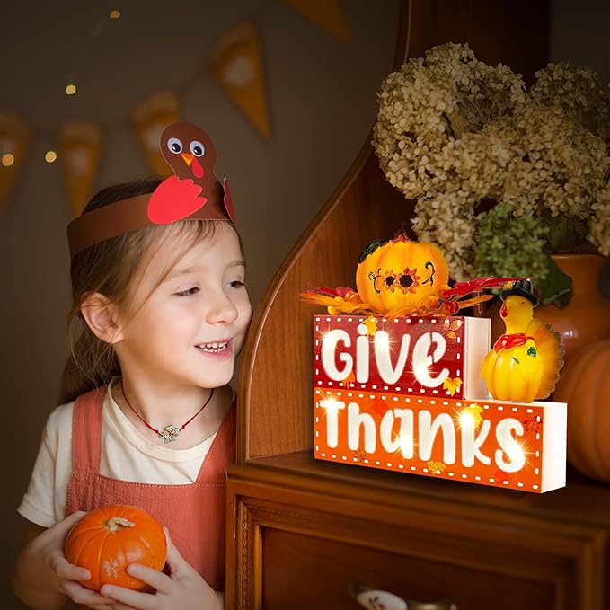 BlcTec Thanksgiving Decorations for Home, Lighted Thanksgiving Wood Block Sign with 3D Letters, Pumpkin, Turkey, Maples, Fruit, Timer, Battery Operated Thanksgiving Sign for Table, Mantle, Shelf Home Décor