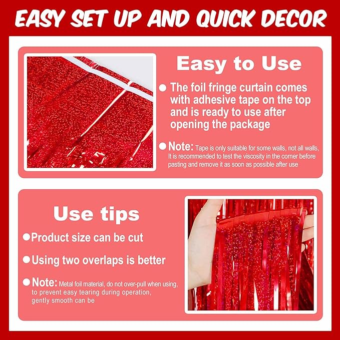 6 Pack Red Foil Fringe Curtains Backdrop, 3.28 x 8.2 Ft Metallic Streamers Tinsel Curtains Background for Photo Booth, Birthday, Christmas, Halloween, Thanksgiving, New Year Party Decorations
