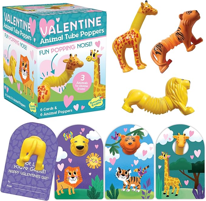 Peaceable Kingdom Valentine's Day Gift for Kids, Fun Party Favors for Classroom, Goodie Bag Stuffers - 6 Animal Tube Poppers