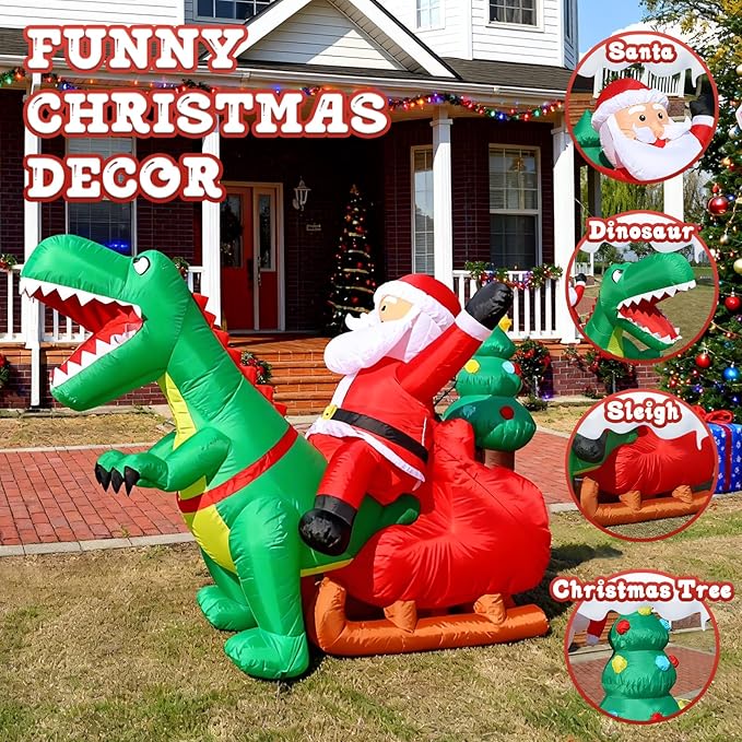 JOYHALO 8.2FT Long Christmas Inflatables with LED Santa Ride on Dinosaur Outdoor Christmas Dinosaur Inflatable Blow Up Yard Decorations with Sandbags Stakes Strings for Garden Decor