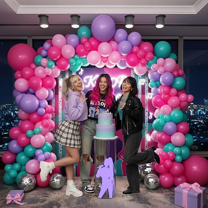K-Pop Music themed Birthday Decorations with Hot Pink Teal Purple balloon arch & Artificial palm leaves for Girls Summer Tropical Hawaii music fans Prom Party Decorations