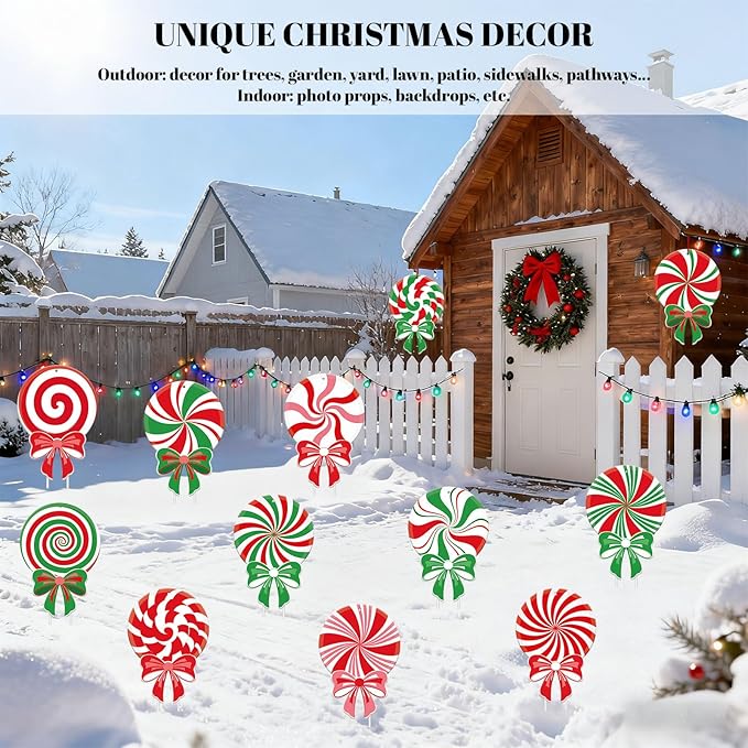 12 PCS Christmas Candy Yard Signs with LED Lights, Peppermint Lollipop Xmas Outdoor Decorations with Stakes, Christmas Garden, Yard, Lawn, Patio, Pathway Decor