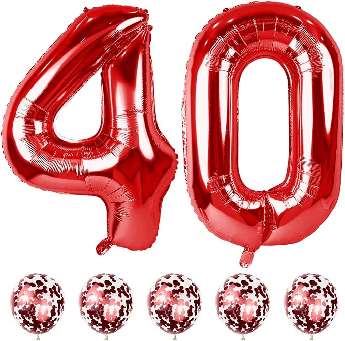 40th Birthday Balloons for Women, 40 Inch Giant Red Foil Number 40 Balloons with Red Confetti Balloons Kit, Digit 4 & 0 Helium Balloons for Girls Boys Men 4th 40th Anniversary Party Decorations
