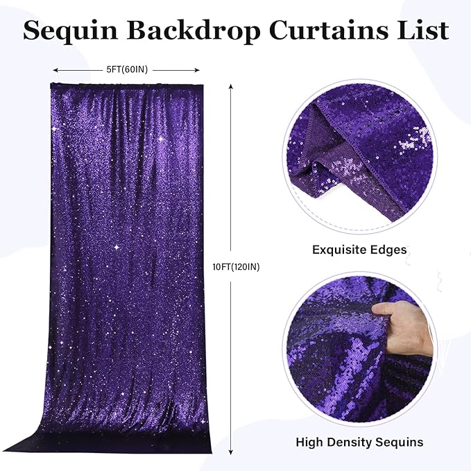 PartyDelight Purple Sequin Backdrop 5x10ft 2 Panels - High Density 3mm Shimmer Sequin Background with 4-Inch Rod Pocket, Sparkly Photography Curtain for Wedding, Stage & Event Decor
