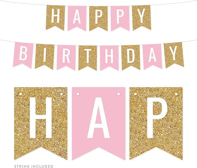 Andaz Press Hanging Pennant Banner Party Decorations, Gold Glitter, Blush Pink, Happy Birthday, 1-Pack, Approx. 5-Feet, Girl's 1st 2nd 3rd Twins Birthday Themed Decor