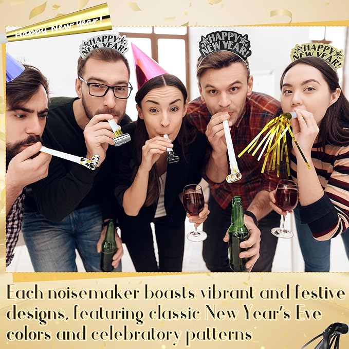 Lenwen 18 Pcs Happy New Years Eve Party Supplies New Year Noise Makers Headband Tiara Party Horn Blowers Whistles Fringed Noisemaker Novelty Favors for Adult Decoration(Multicolor)