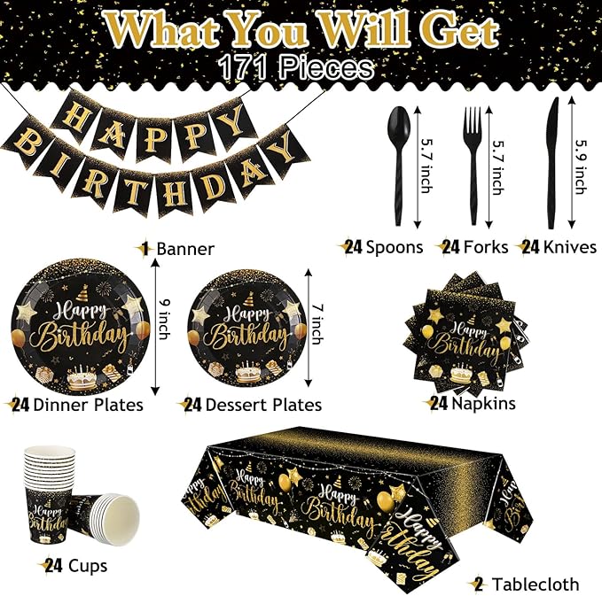 Vesici 171 Pcs Happy Birthday Party Supplies 24 Set Disposable Party Tableware include Plates Cups Napkins Cutlery and Banner Tablecloth Birthday Dinner Decorations for Men Woman(Black, Gold)
