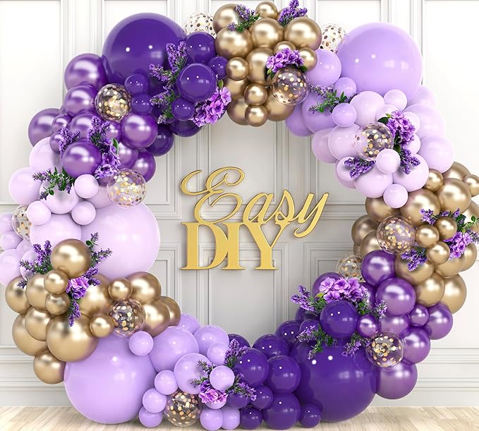 ALL-IN-1 Purple and Gold Balloon Arch & Garland Kit – Small and Large Purple Gold Balloons with Confetti – Lavender, Dark Purples, Pastel Purples Lilac Party Decorations for Birthday and Graduation