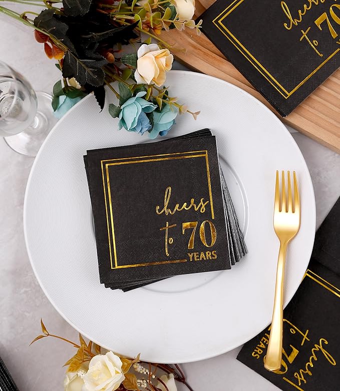 Cheers to Years Cocktail Napkins - 50 PK - 3-Ply Birthday Napkins 5x5 Inches Disposable Party Napkins Beverage Paper Napkins or Birthday Decorations Wedding Anniversary Black and Gold (70 Years)