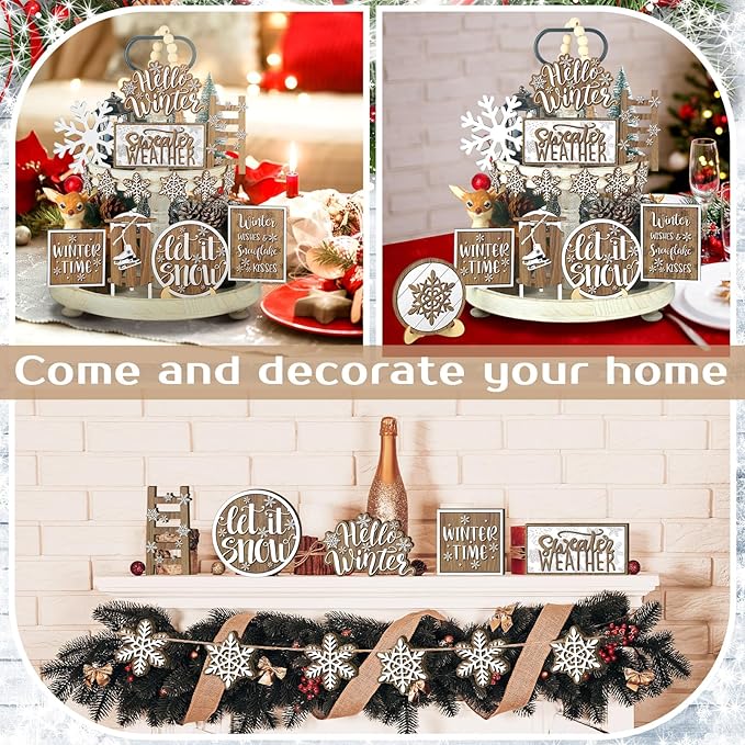 15 Pcs Winter Tiered Tray Decor Snowflake Tiered Tray Decorations Set Hello Winter Let It Snow Wooden Signs Farmhouse Christmas Decor for Home Table Shelf