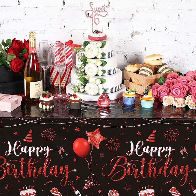 Tudomro 1 Pcs Happy Birthday Tablecloths Happy Birthday Party Decorations Plastic Table Cover Rectangular Cloths for Women Men Baby Shower Party Supplies, 108 x 54 Inch (Black Red)