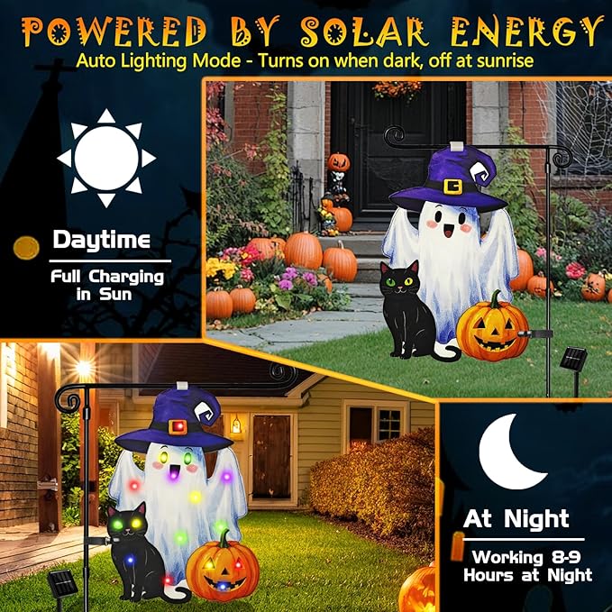 Lighted Shaped Halloween Garden Flags, 8 Modes Double-Sided Cute Solar Halloween Decorations Outdoor LED Flag, Yard Decorations for Patio Lawn Home Door Porch (Ghost Multicolor, 12x18)