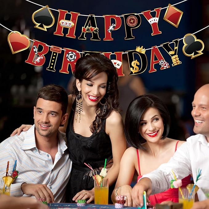 Casino Party Decorations Happy Birthday Banner Casino Party Banner Garland for Las Vegas Poker Night Birthday Party Decorations Casino Party Supplies