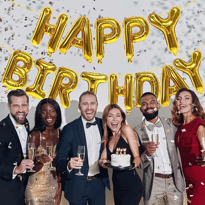 KALOR Gold Happy Birthday Balloons Banner, 16 Inch Mylar Foil Letters Balloon Sign for Birthday Party Decorations Photo Booth Backdrop