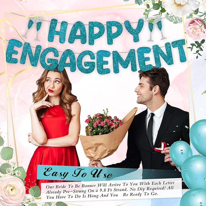 Breling Pre Strung Happy Engagement Banner Glitter Engagement Party Decorations for Congratulations Engaged Wedding Shower Signs Decor(Teal)