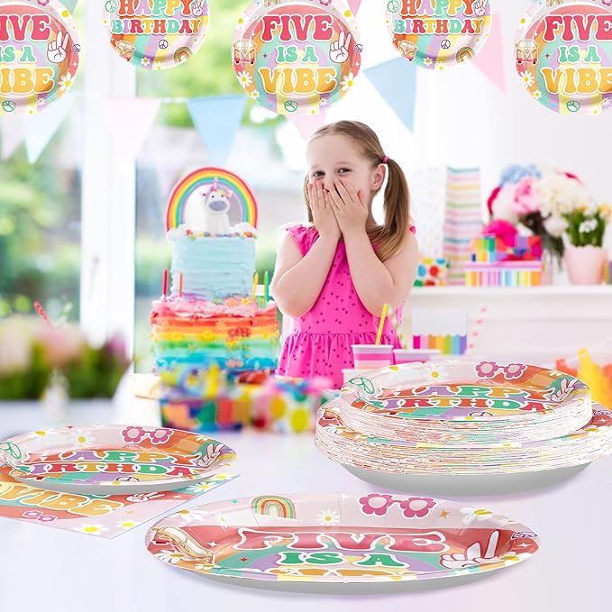 96Pcs Five is a Vibe Birthday Party Decorations Boho Groovy 5th Birthday Plates and Napkins Tableware Sets Rainbow Arch Retro Hippie Party Supplies for Girls 5 Years Old Party Serves 24