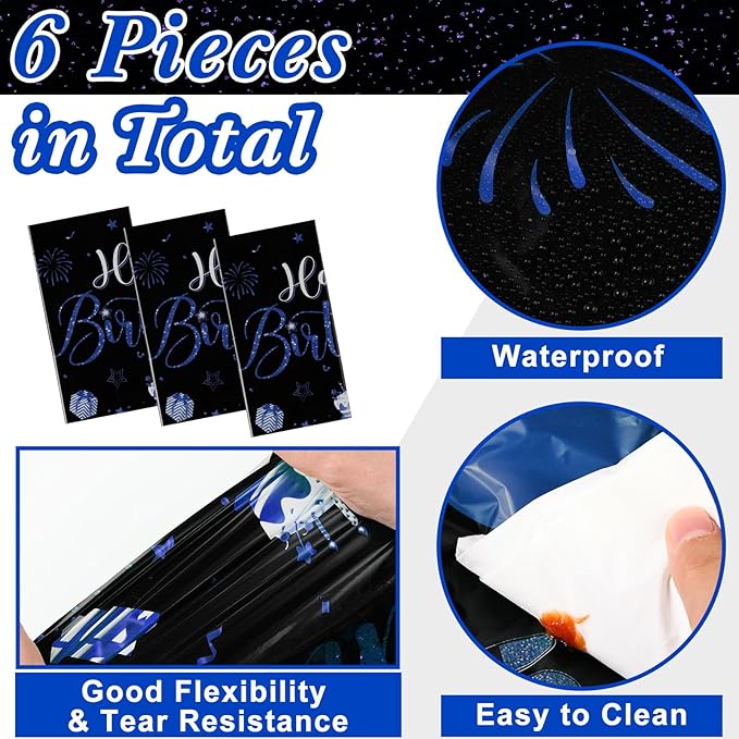 Tudomro 6 Pcs Happy Birthday Tablecloths Happy Birthday Party Decorations Plastic Table Cover Rectangular Cloths for Women Men Baby Shower Party Supplies, 108 x 54 Inch (Black Blue)