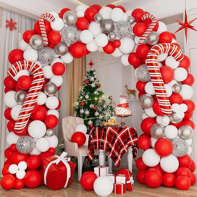 Christmas Balloon Arch Garland Kit 150pcs Red White Silver Balloons With Candy Cane Swirl Foil Balloons Xmas Merry Christmas Friendsmas Winter Santa Claus Ugly Sweater Party Decoration (Red)