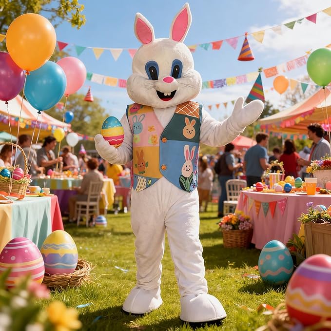 Easter Bunny Mascot Costume Blue Vest Unisex Deluxe Rabbit Costume Party Adult Size Fancy Dress