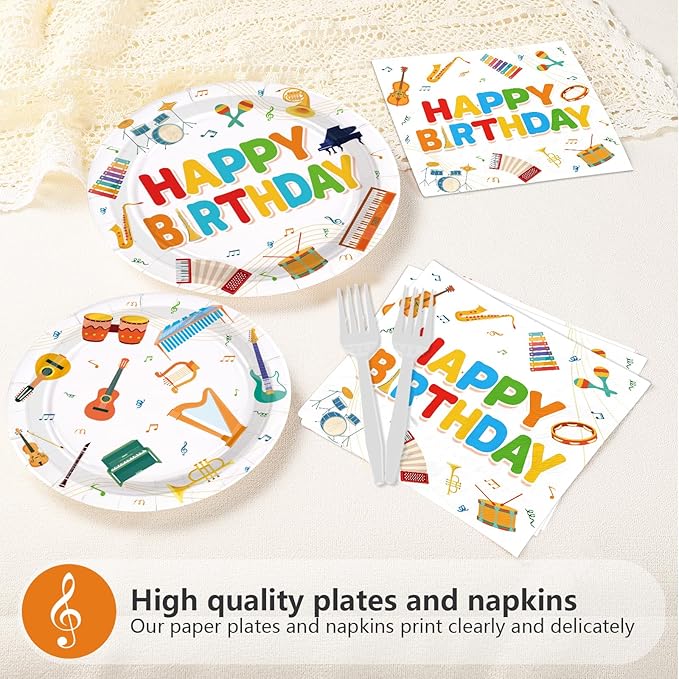 96Pcs Music Birthday Party Decoration Plates Musical Instrument Theme Plates and Napkins Music Notes Tableware Set for Musical Birthday Party Music Theme Baby Shower Supplies, Serves 24