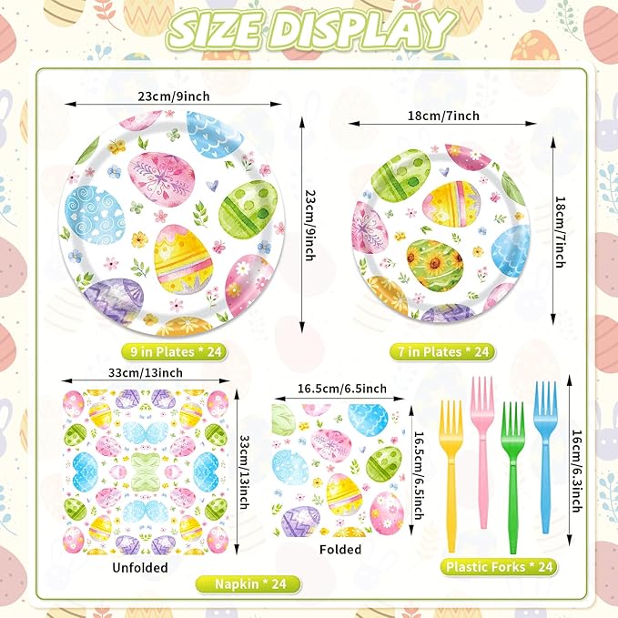 96 Pieces Easter Egg Paper Plates and Napkins Party Supplies, Colorful Eggs Disposable Tableware with Paper Plates Napkins and Forks for Spring Celebrations, Easter Day Party Favors - Serves 24