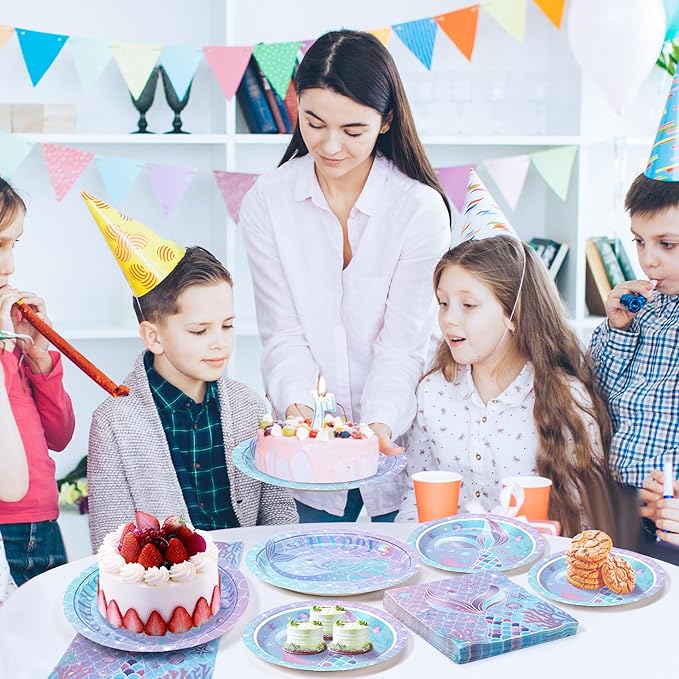 72PCS Mermaid Birthday Plates and Napkins, Set of 24 Disposable Paper Plates for Sea Themed Birthday Party Decorations, Mermaid Themed Party Supplies