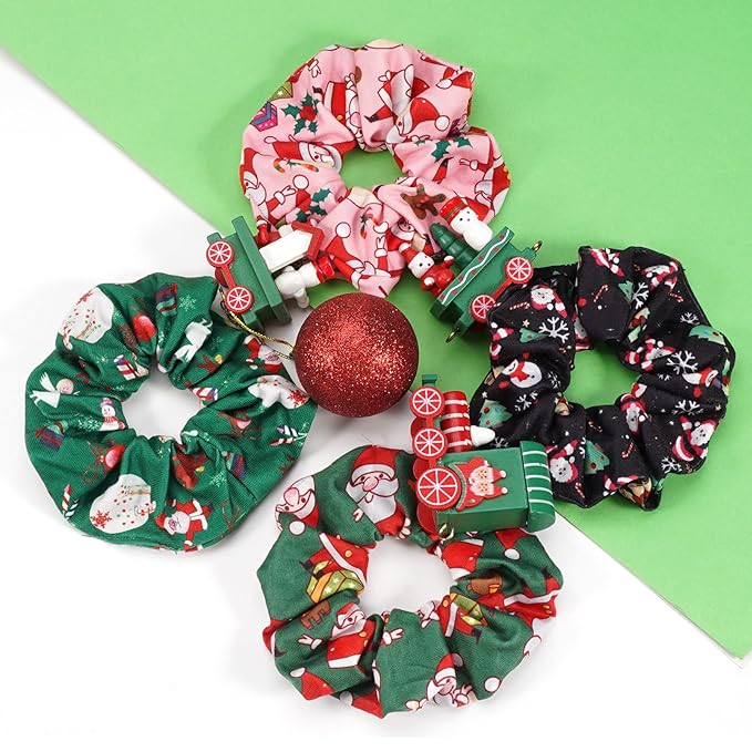 Christmas Hair Scrunchies for Women Cute Elastic Scrunchy Ponytail Holder Hair Ties Green Pink Santa Claus Snowman Bell Christmas Hat Snowflake Xmas Hair Accessories Christams Gifts 4PCS