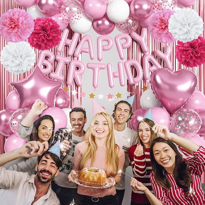Pink Birthday Decorations for Girls, Pink White Party Balloons Happy Birthday Banner Balloon Star Heart Foil Balloon Fringe Curtain Paper Pompom for Women Bday Party Supplies
