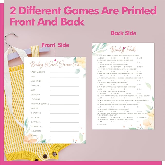 55PCS Baby Shower Games, Word Scramble & Trivia Facts with Answer Keys Double-sided Game Card Fun Baby Shower Party Games Gender Neutral for Girls or Boys