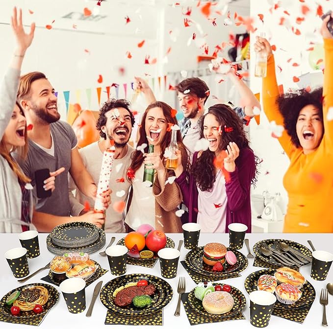 350 Pcs Black and Gold Party Plates Cups and Napkins Sets Black Gold Foil Dot Disposable Dinner Tableware Set With 7" 9" Plates Napkins Cups Knife Fork Spoon Party Supplies Serve 50 Guests