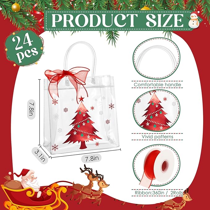 Henoyso 24 Pcs Christmas Clear Gift Bags Plastic Candy Treat Goodie Bags Red Foil Santa PVC Wrap Totes with Handles and Ribbon Xmas Party Favors (Red Christmas,7.8 x 7.8 x 3.1 Inch)