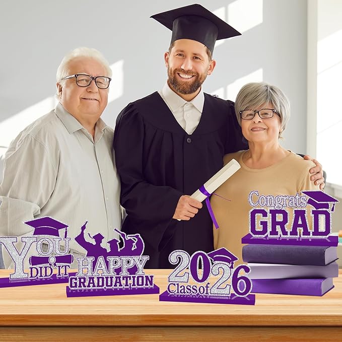 4Pcs Graduation Decorations Class of 2026 Wood Table Centerpieces Congrats Grad Wooden Sign Graduation Table Toppers Congratulate Tiered Tray Decor for 2026 Graduation Party (Purple-Silver)