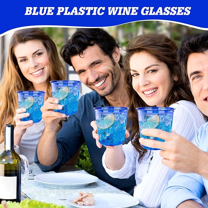 KesaPlan 100 Pcs Blue Plastic Cups, 12oz Disposable Stemless Wine Glasses for Cocktail Clear Wine Cups Cocktail Glasses Blue Party Cup for Wedding Birthday Meeting Christmas Party