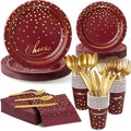 OuMuaMua Maroon Gold Paper Plates and Napkins Party Supplies for 24 Guests, 168 Pcs Burgundy Disposable Plates with Utensils Set for Maroon and Gold Graduation Birthday Party Decorations