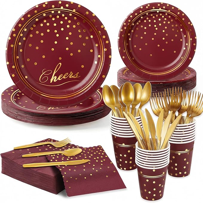 OuMuaMua Maroon Gold Paper Plates and Napkins Party Supplies for 24 Guests, 168 Pcs Burgundy Disposable Plates with Utensils Set for Maroon and Gold Graduation Birthday Party Decorations