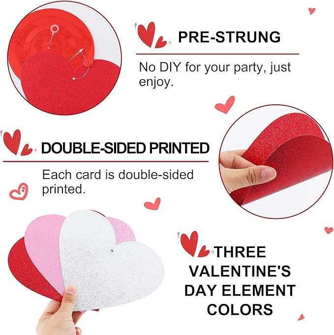 BEISHIDA Happy Valentine's Day Pre-Strung Hanging Swirls Valentine's Decorations Red Pink Silver Glitter Heart Hanging Decorations for Mother's Day Wedding Anniversary Proposal Party Supplies 15Pcs