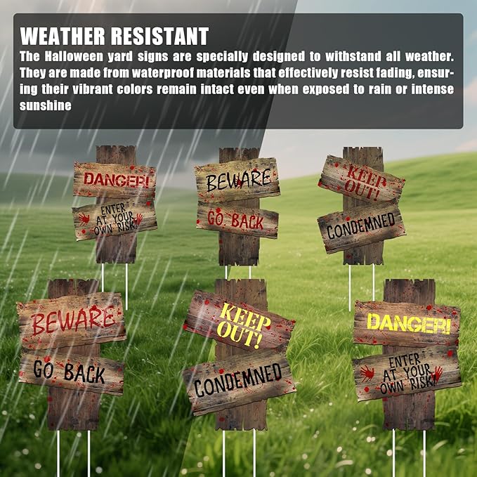 6PCS Halloween Yard Decorations Outdoor Keep Out Warning Halloween Sign Stakes Graves Lawn Bush Decorations Props Outdoor Decor for Haunted House Holiday Party Supplies