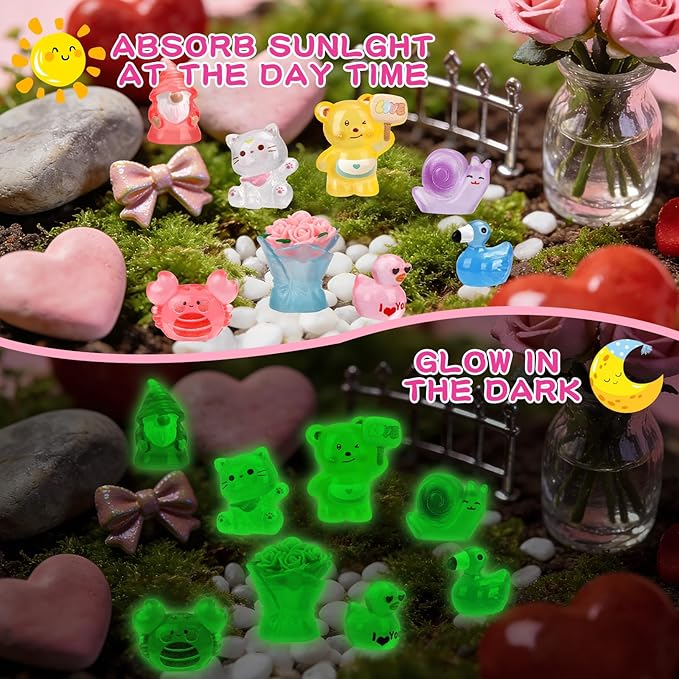 56 Pcs Valentine's Day Luminous Mini Figures 56 Types Valentines Glow in The Dark Miniature Love Heart Resin Animanl Tiny Duck Figurines for Valentines Party Gifts DIY Craft Dollhouse Scene Decor