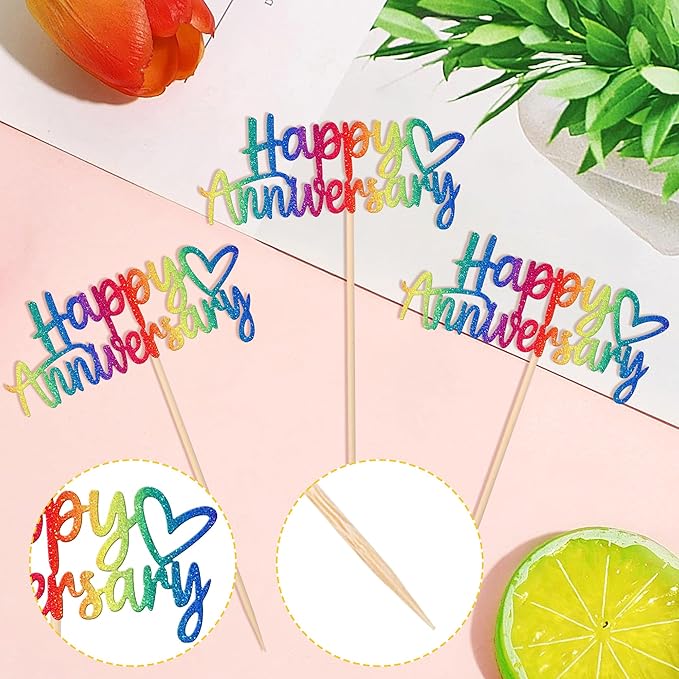 24 PCS Happy Anniversary Cupcake Toppers - Glitter Wedding Picks, Decorations for Baby Shower, Birthday Party Cake - Colorful Supplies