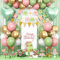 Sage Green Pink Birthday Decorations,Happy Birthday Banner Olive Green Retro Pink Balloons Fringe Curtain Heart Foil Balloons for Women Girl Boys Baby Shower