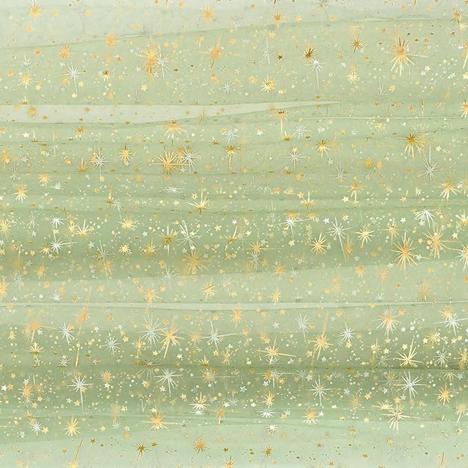 Horaldaily Sage Green Gold Sparkling Star Gauze Tablecloth 60x120 Inch Rectangular, Golden Star Sequin Glitter Metallic Foil, Sheer Tulle Cheesecloth for Wedding Baby Shower Party