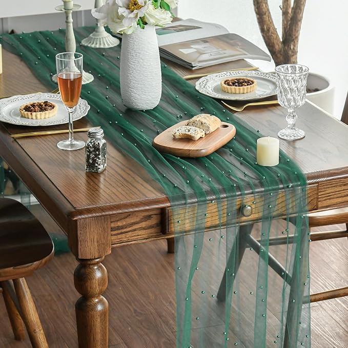 Artoid Mode 6PCS Pearl Dark Green Gauze Table Runner 120 Inch 10FT, Seasonal Sheer Dining Holiday Wedding Birthday Baby Shower Table Decor for Home Party