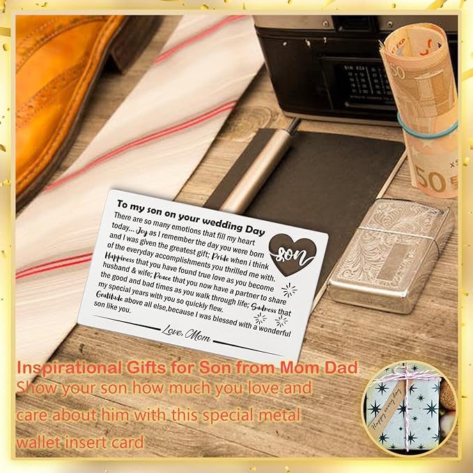 YODOCAMP Son Wedding Gifts from Mom, Engraved Wallet Card Insert for Son on His Wedding Day, Groom Gift Wallet Card from Mother