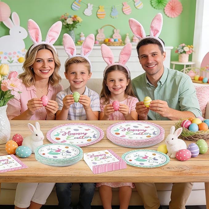 96Pcs Happy Easter Plates and Napkins Bunny Egg Disposable Easter Plates Egg Bunny Colorful Disposable Easter Paper Tableware Set for Happy Easter Spring Celebrations Birthday Party Supplies Serves 24