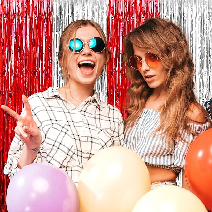 3 Pack Red Silver Foil Fringe Curtain Backdrop, 3.28Ft x 6.6Ft Metallic Tinsel Foil Fringe Streamer Curtains for Photo Booth, Christmas Day, Thanksgiving, Wedding, New Year Party Decorations