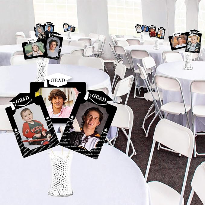 Black Graduation Party Decorations, Photo Display Centerpiece Kit - 15 Double-Sided Photo Table Topper Sticks, Vertical and Horizontal 4x6 Picture Holders - Graduation Cheers