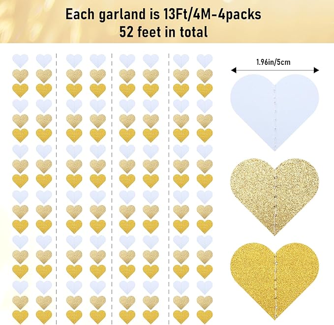 White-Gold Champagne Party-Decorations, 52Ft Glitter Hearts Garlands, Hanging Paper Streamer Banner for Bachelorette Wedding Birthday Graduation Neutral Baby Bridal Shower Valentines Day Decor