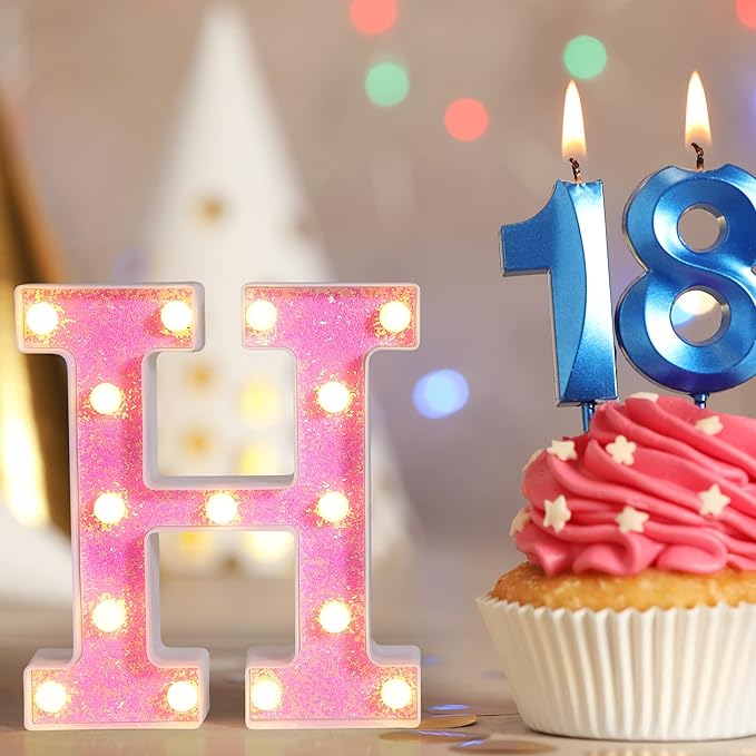 Foaky LED Letter Lights Sign Light Up Pink Letters Glitter Alphabet Letter Sign for Night Light Wedding/Birthday Party Battery Powered Christmas Lamp Girls Gifts Home Bar Decoration（K）