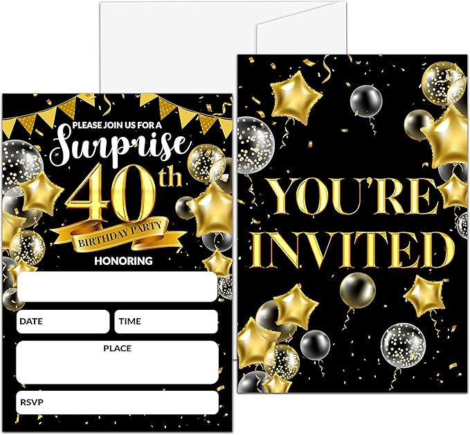 Surprise 40th Birthday Party Invitation, Black and Gold Fill-In Invites For Adult Woman & Man, 20 Invitations With Envelopes(4" x 6"), Party Favors Decorations And Supplies-02